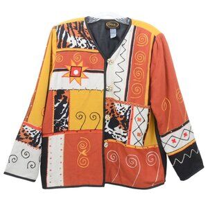 Vintage Alex Kin LINEN Blend Art Deco Animal‎ Print Patchwork Safari Jacket MED